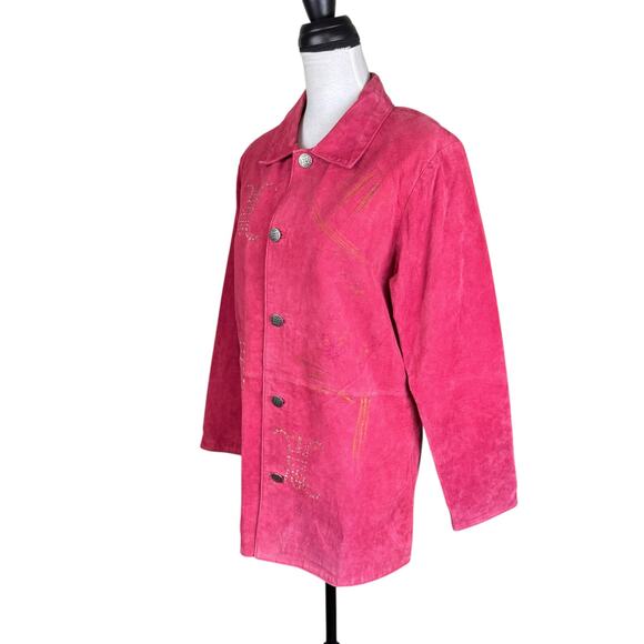 Look East Red Asian Geisha 100% Leather Collared Long Sleeve Button Down Jacket - Picture 6 of 11